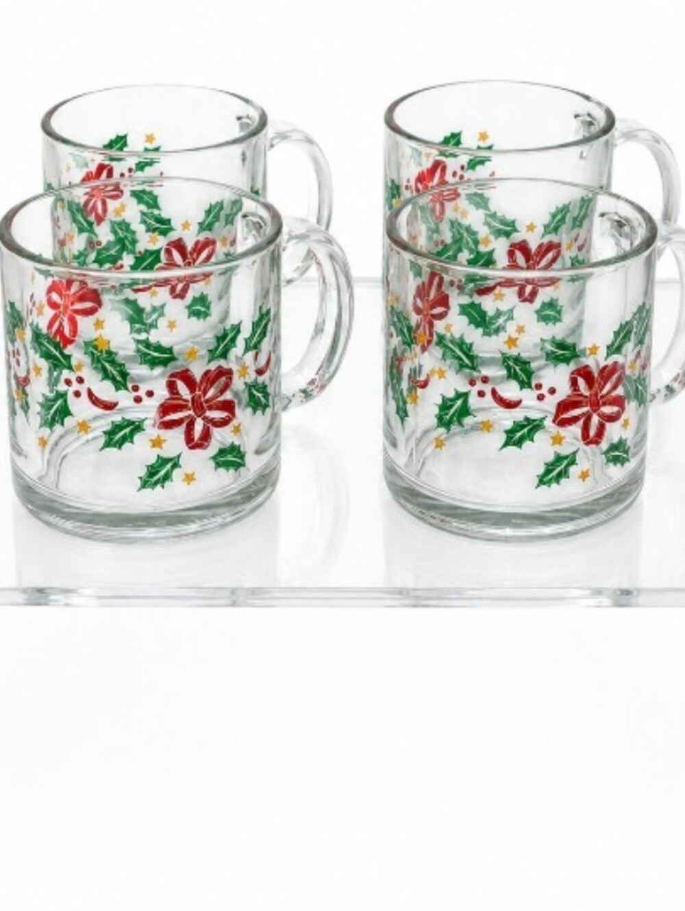 Holiday Poinsettia Glass Mugs, Set of 4. Made In The USA